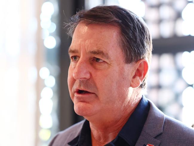 MELBOURNE, AUSTRALIA - NOVEMBER 19: St Kilda AFL Coach Ross Lyon speaks on stage during the Saint Kilda Saints Crest Reveal on November 19, 2024 in Melbourne, Australia. (Photo by Morgan Hancock/AFL Photos/via Getty Images)