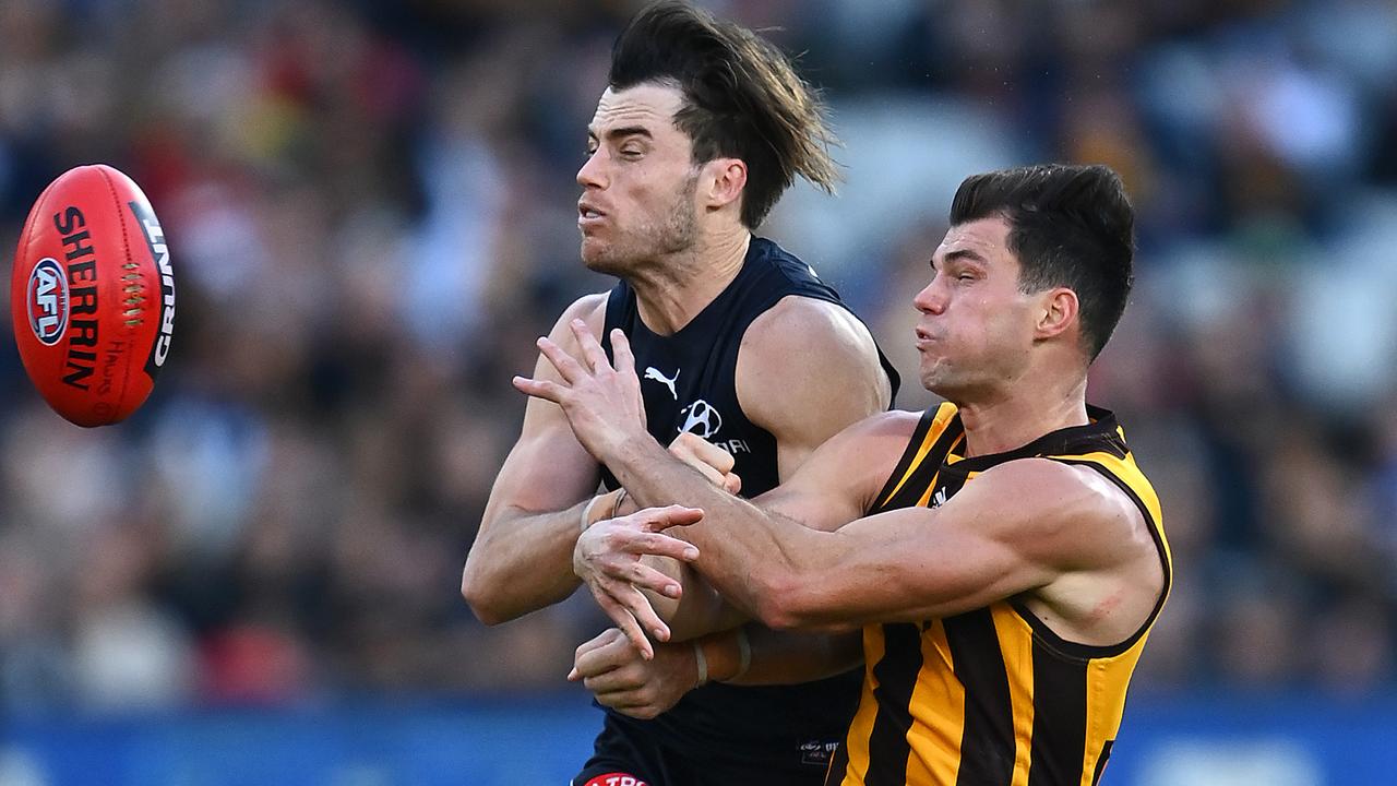 Carlton’s Lachie Plowman copped a two-week ban after this contest with Hawthorn’s Jaeger O'Meara. Picture: Quinn Rooney/Getty Images