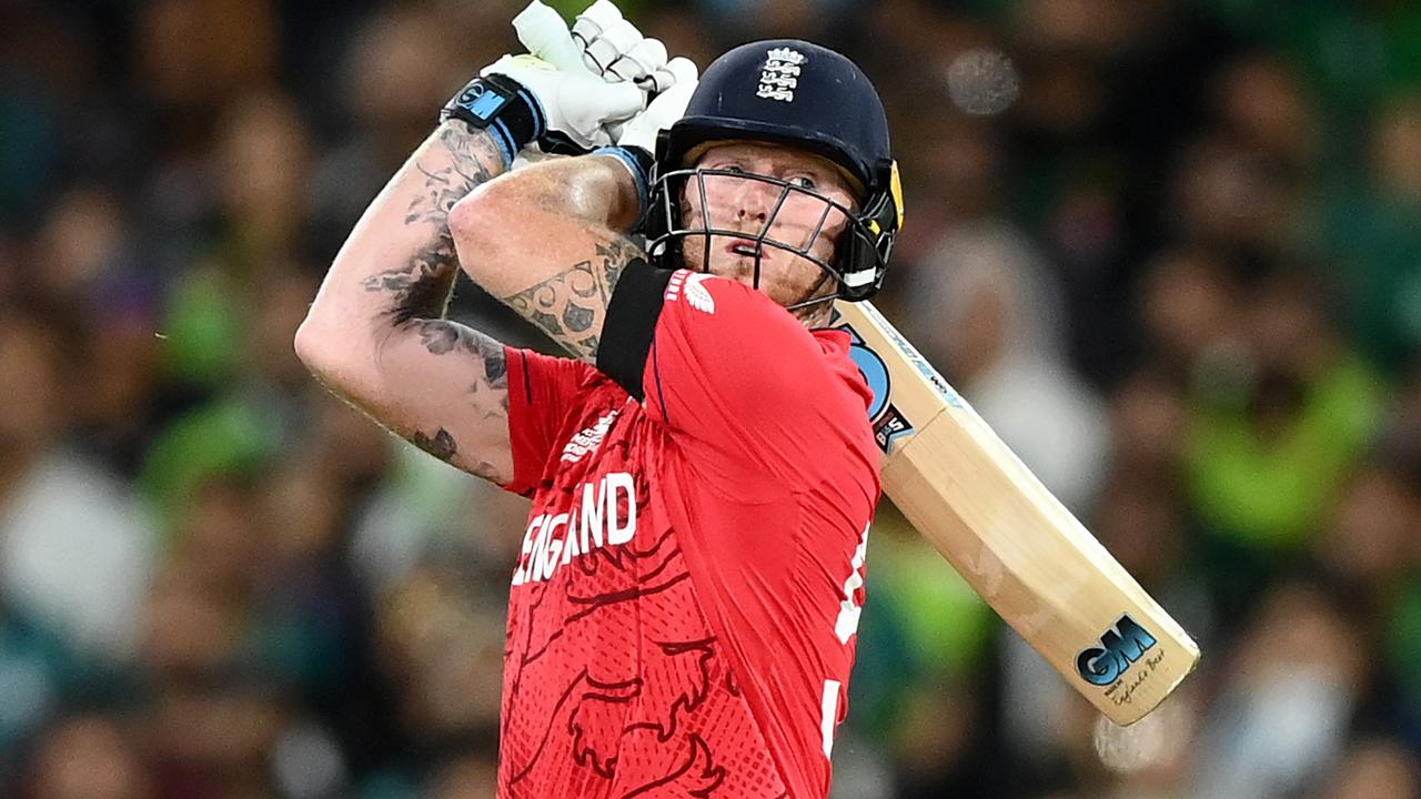 Ben Stokes hits out as England reels in Pakistan’s below par total in the T20 World Cup final at the MCG. Picture: Quinn Rooney/Getty Images