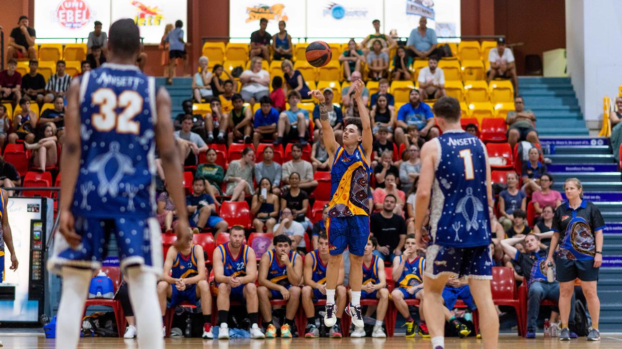 William Burton with a successful run of three-pointers to turn the momentum around. Darwin Basketball Men's Championship Round 20: Ansett v Tracy Village Jets. Picture: Che Chorley