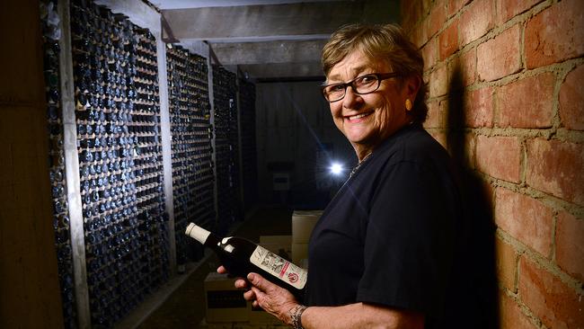 Margaret Lehmann in the family cellar which contains thousands of bottles and is considered an important library of Australian winemaking history. Picture: Mark Brake