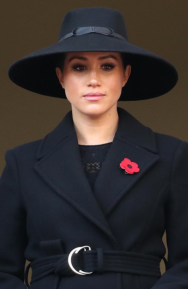 Meghan opted for a Stella McCartney belted wool coat and wide brim hat. Picture: Getty Images