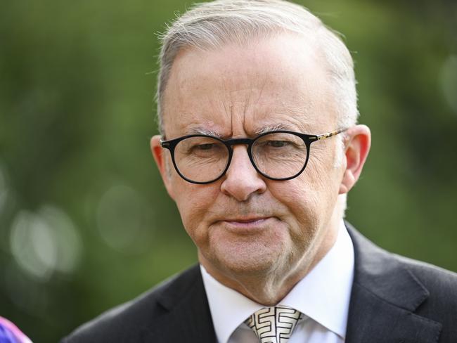 CANBERRA, AUSTRALIA, NewsWire Photos. MARCH 8, 2024: Prime Minister Anthony Albanese makes some remarks to the media during a International Women's Day at The Lodge in Canberra. Picture: NCA NewsWire / Martin Ollman