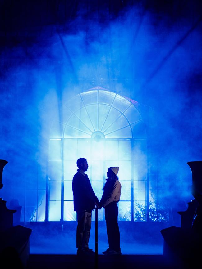 Another Illuminate event: Illuminate Light Cycles at Adelaide Botanic Garden, Micaela Stark and Ned Heath at the Palm House. Picture Matt Turner.