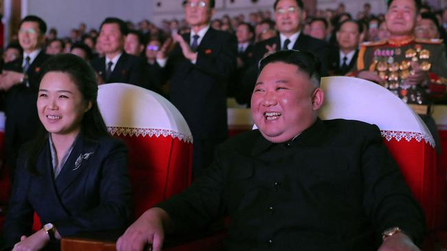 Kim Jong-un was noticeably fatter in February, when he and wife Ri Sol Ju attended a performance celebrating Kim Jong Il’s birth. Picture: KCNA via AFP.