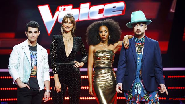 The 2018 judging team on The Voice included Joe Jonas, Delta Goodrem, Kelly Rowland and Boy George. Picture: Channel 9