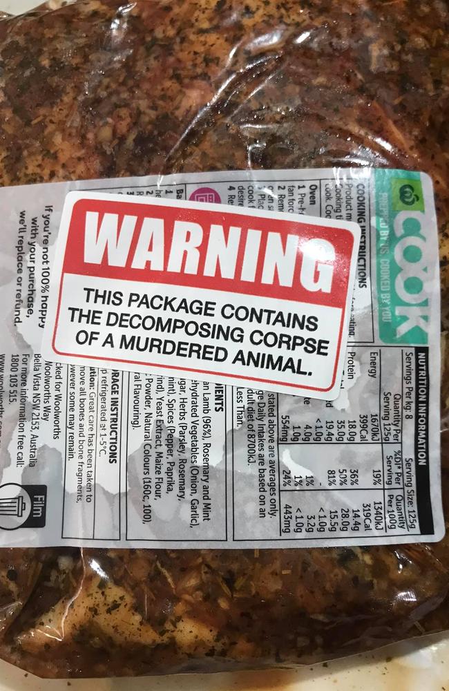 A Woolies shopper from Queensland found this unauthorised sticker on a lamb roast while shopping at her local store. Picture: Facebook