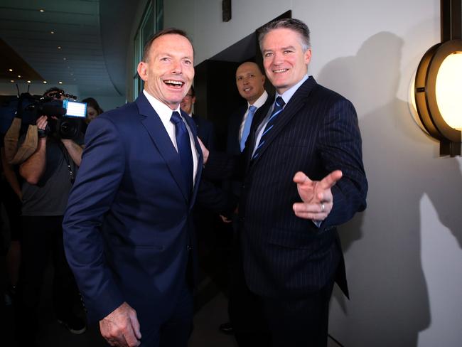 Tony Abbott with Mathias Cormann who became Finance Minister, a position he would go on to occupy under Malcolm Turnbull and Scott Morrison. Picture Kym Smith