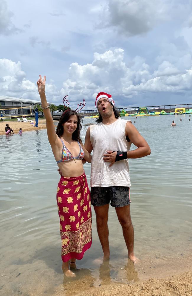 Alessie Alberto and Marco Mazzarini enjoying Christmas Day at the Darwin Waterfront, 2022. Picture: Annabel Bowles