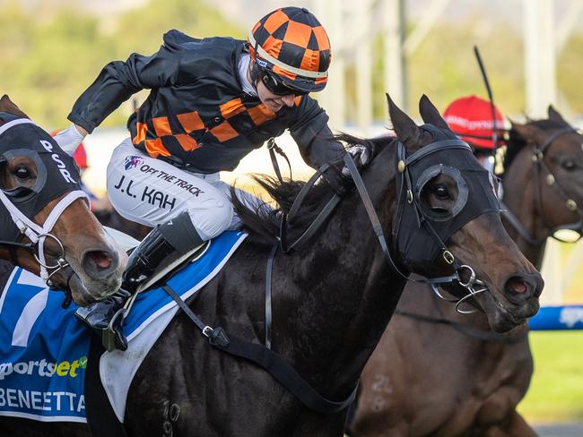 Jamie Kah rides Benedetta to victory in the Group 1 The Goodwood at Morphettville. Picture: Makoto Kankeko