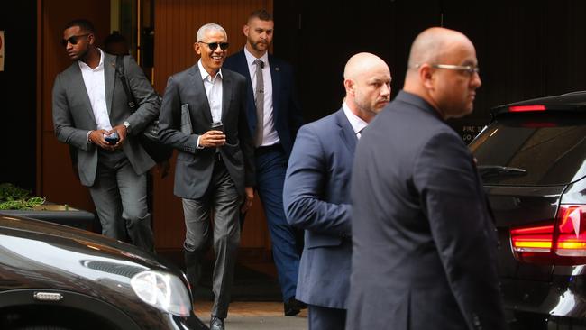 Obama was all smiles as he left the Sydney hotel. Picture: NCA NewsWire / Gaye Gerard.