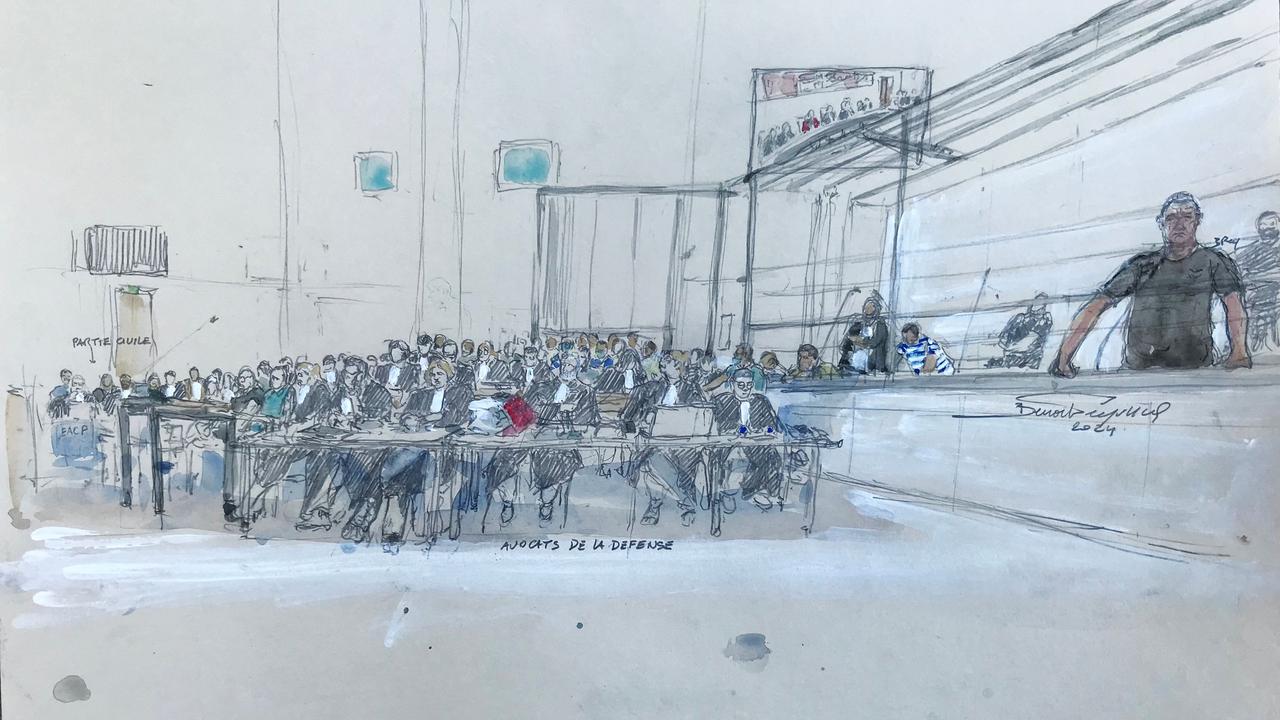 This courtsketch made on September 2, 2024 shows plaintiffs and the defense lawyers during the trial of defendant Dominique P. (right) and co-defendants in which he is accused of drugging his wife for nearly ten years and inviting strangers to rape her at their home in Mazan. Picture: Benoit Peyrucq/AFP