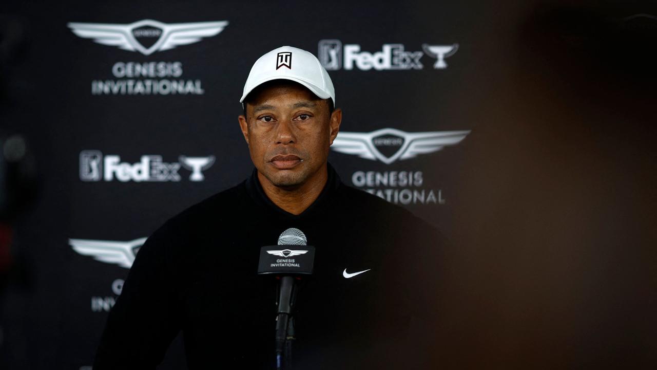 PACIFIC PALISADES, CALIFORNIA - FEBRUARY 17: Tiger Woods of the United States speaks during a press conference during the second round of the The Genesis Invitational at Riviera Country Club on February 17, 2023 in Pacific Palisades, California. Cliff Hawkins/Getty Images/AFP (Photo by Cliff Hawkins / GETTY IMAGES NORTH AMERICA / Getty Images via AFP)