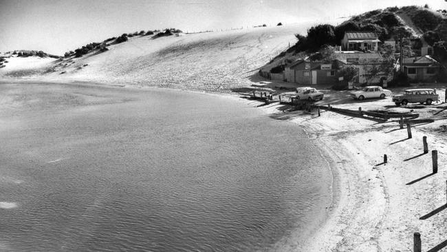 The Onkaparinga River at Port Noarlunga, with the giant sandhills in the background, in 1975