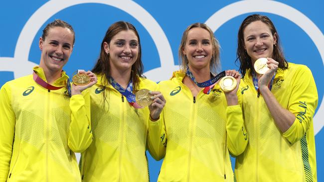 Bronte Campbell, Meg Harris, Emma McKeon and Cate Campbell with their gold medal for the women's 4 x 100m freestyle relay in Tokyo. Picture: Getty