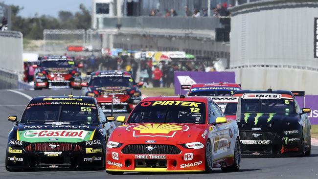 Ford Mustangs set the pace in practice at the OTR SuperSprint at The Bend. Picture: Sarah Reed