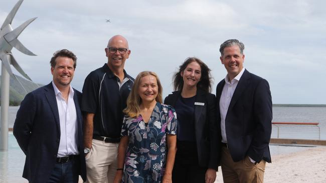 Tourism and Events Queensland Group Executive Ollie Philpot, Cairns Airport chief executive Richard Barker, CAPA Centre for Aviation events director Claudia Kunz, Cairns Convention Centre marketing manager Melissa Belevski and TTNQ chief executive Mark Olsen announce Cairns as the host for the 2025 CAPA Airline Leader Summit Australia Pacific. Photo: Catherine Duffy