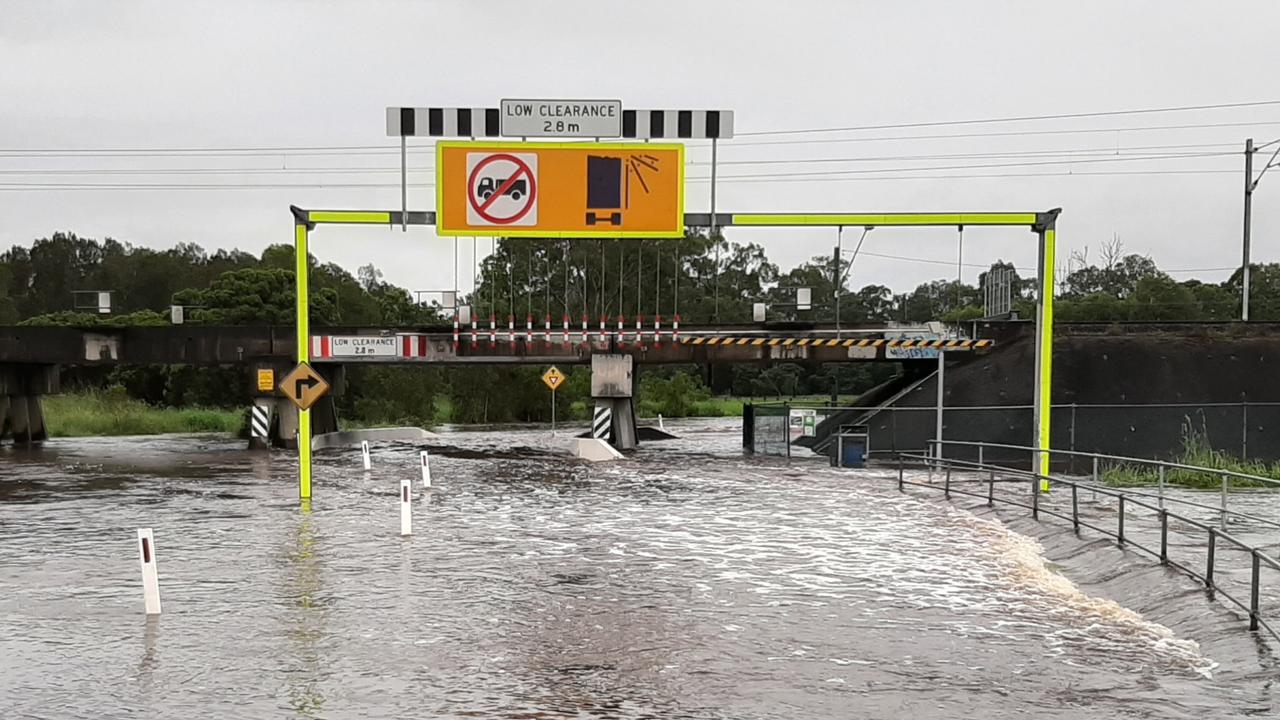 Roads closed behind Morayfield Shopping Centre after flash flooding. Picture: Erin Smith