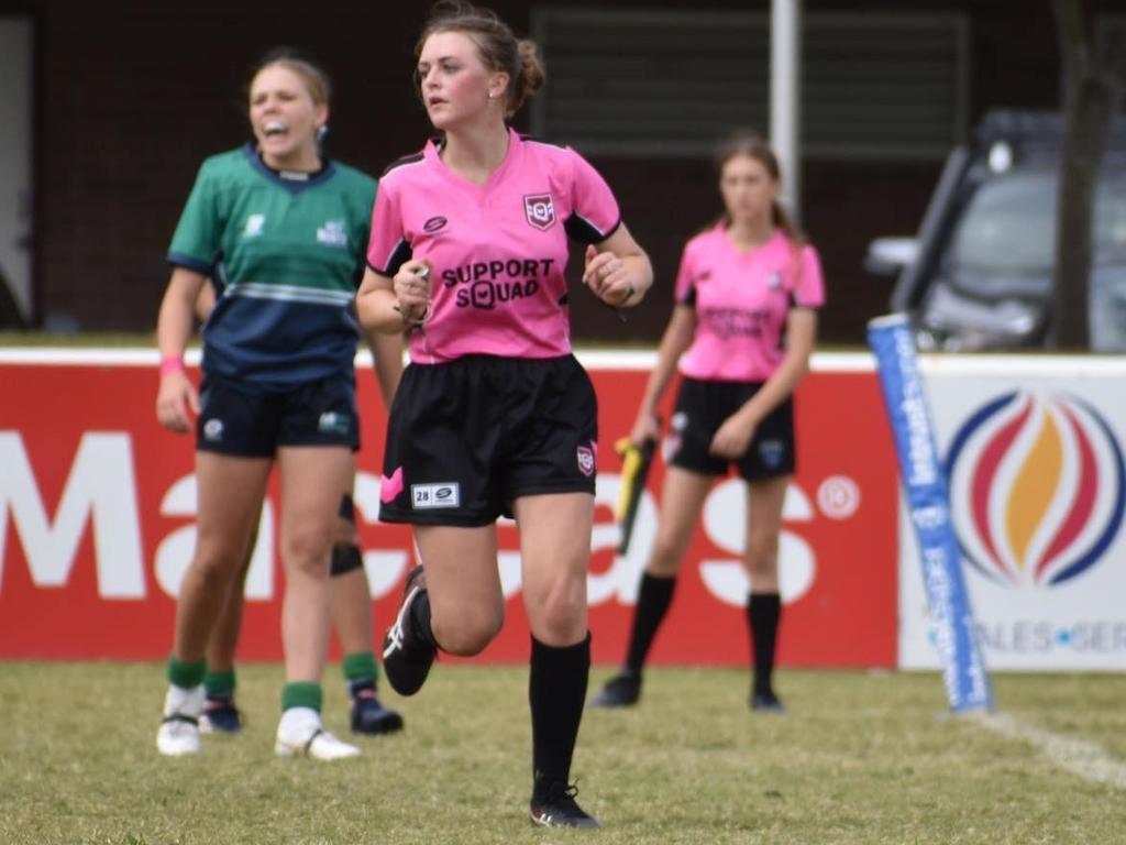 Bridie Prendergast (foreground) refereeing at the recent U15/18s School Girls competition. Picture: Contributed.