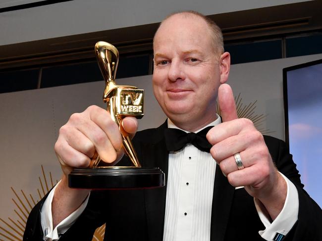 Tom Gleeson poses for a photograph after winning the Gold Logie for most popular personality on Australian TV during the 2019 Logie Awards at The Star Casino on the Gold Coast, Sunday, June 30, 2019. (AAP Image/Darren England) NO ARCHIVING, EDITORIAL USE ONLY