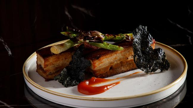 Pork belly braised in dashi at Koomo restaurant in the Crowne Plaza Hotel, Adelaide. Picture Duy Dash