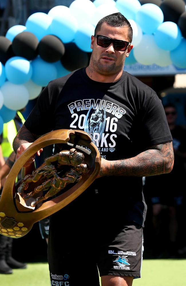 Andrew Fifita arrives with the NRL trophy for the Cronulla Sharks fan day at Shark Park, after they won the 2016 NRL Grand Final . Picture : Gregg Porteous