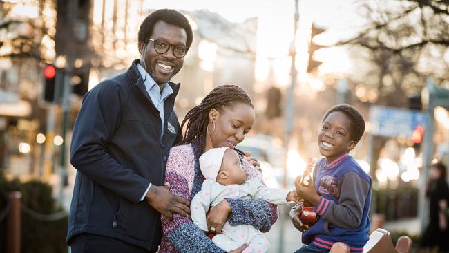 Ola Tawose and his 5 year old son Midola, wife Shola, and baby Hazel, enjoying time in Robinson Park in Orange, 254km west of Sydney. Picture: Maddie Schumann