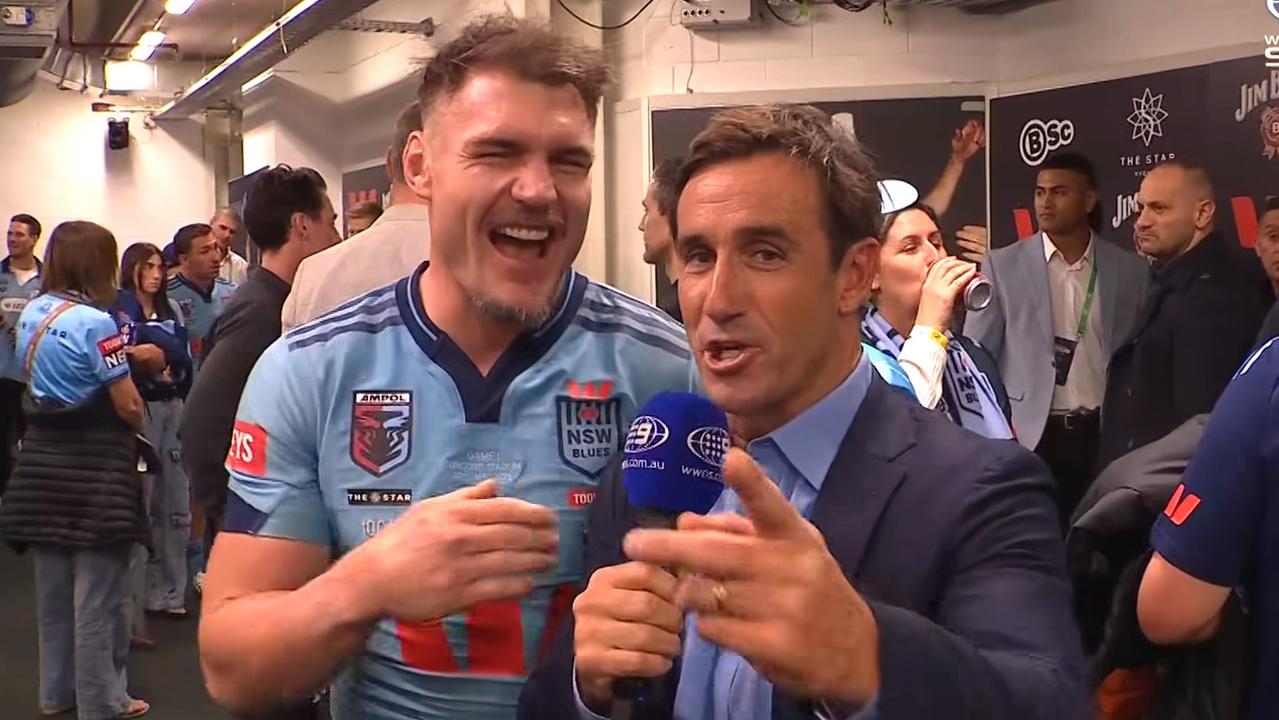 Andrew Johns in the sheds with Angus Crichton. Photo: Channel 9.