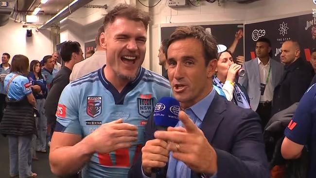 Andrew Johns in the sheds with Angus Crichton. Photo: Channel 9.