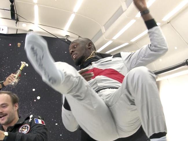 In this frame grab image the eight-time Olympic gold medalist, Usain Bolt, enjoys a zero-gravity flight over France. Picture: Milos Krivokapic/APTN via AP