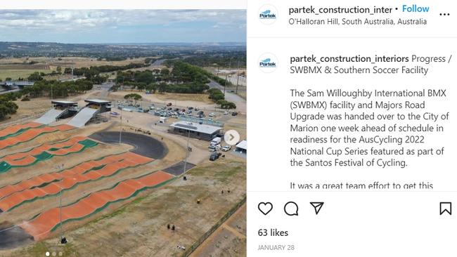 The social media post by Partek Construction about the Sam Willoughby International BMX facility. Picture: Instagram