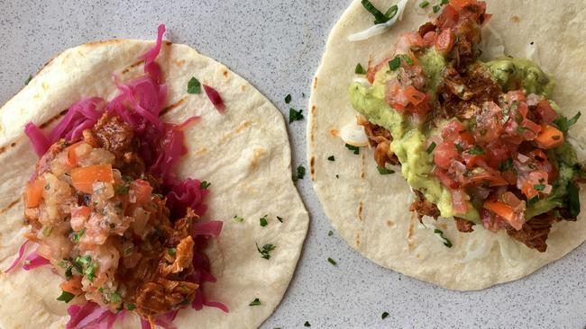 Loco Madre’s tacos braised pork (left); chipotle &amp; lime chicken (right)