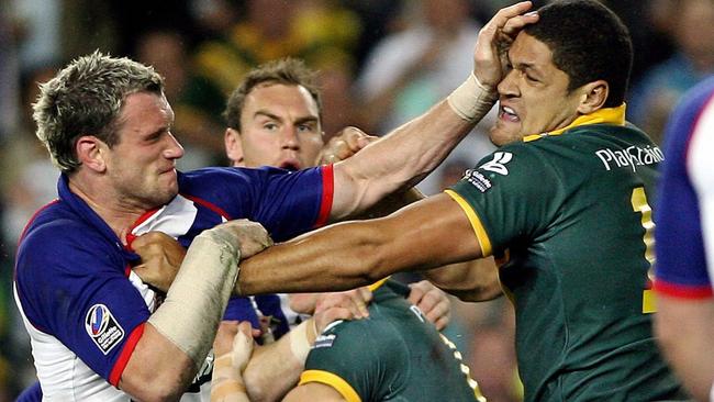 British captain Jamie Peacock clashes with Kangaroos prop Willie Mason in 2006.
