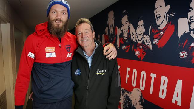 Melbourne ruckman Max Gawn with Neale Daniher. Pic: Michael Klein