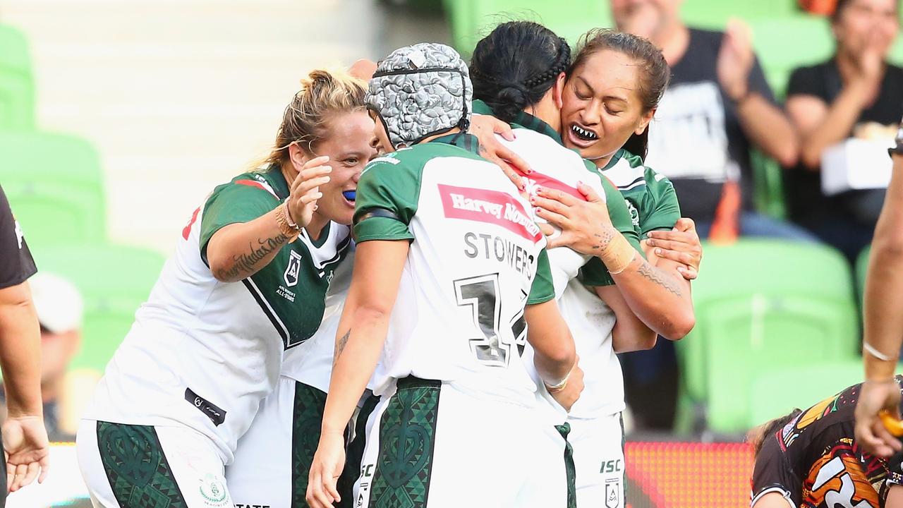 New Zealand Maori Ferns celebrate after Krystal Rota scores the matchwinning try.