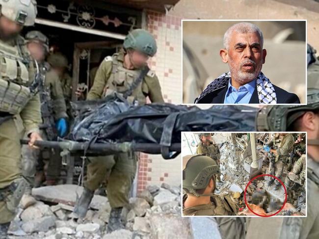 Hamas leader Yahya Sinwar (top right) is carried out in a bodybag (main) after being found in the rubble of a building after an Israeli attack in Gaza. Pictures: Supplied