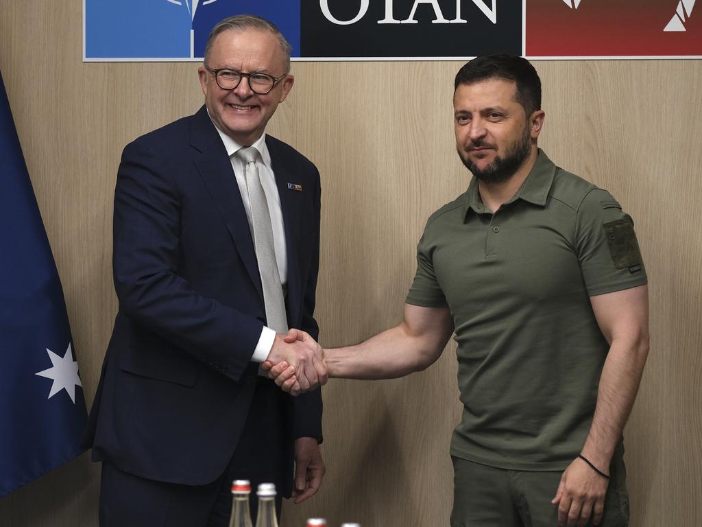 Anthony Albanese meets with President of Ukraine, Volodymyr Zelenskyy at the NATO Summit in Vilnius, Lithuania. Picture: Jacquelin Magnay / The Australian