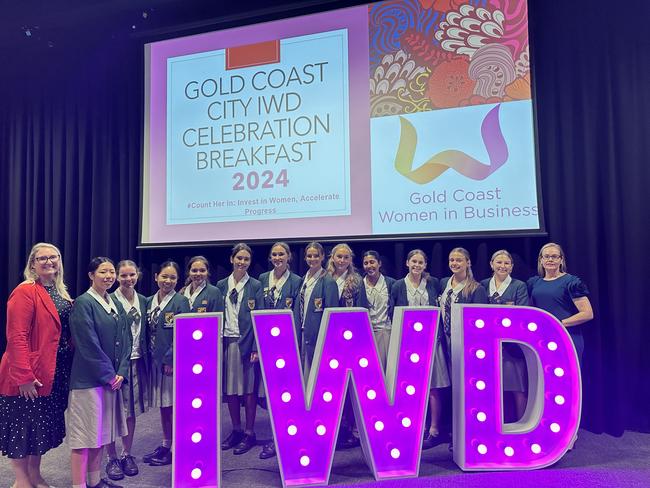 St Michael's College Merrimac students at the International Women's Day Celebration Breakfast at the Sea World Convention Centre. Picture: Mohammad Alfares