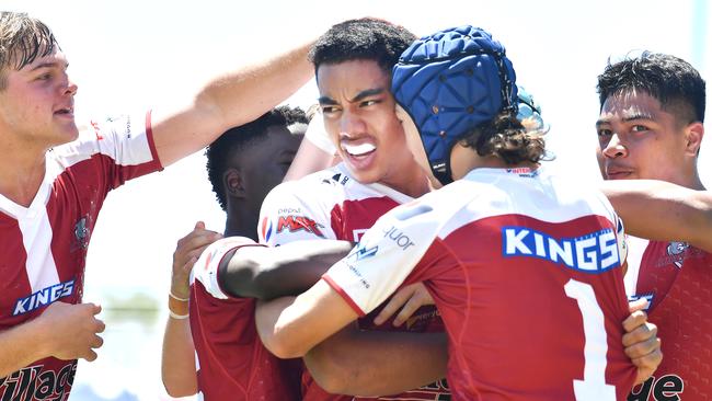 Redcliffe player Brian Pounia celebrates a try with his team mates.Connell Challenge under 16 rugby league match between Redcliffe and Souths Logan. Saturday February 18, 2022. Picture, John Gass