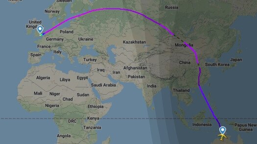 The flight path of QF1 from Darwin to London. Picture: Flightradar24