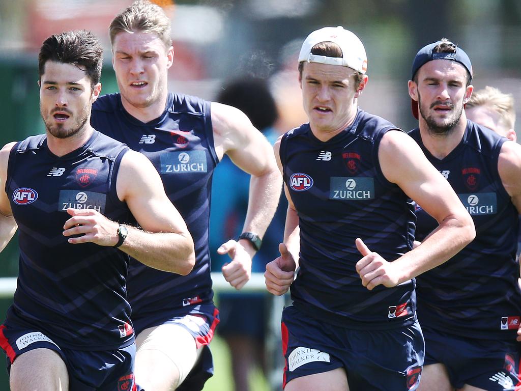 MELBOURNE, AUSTRALIA - DECEMBER 05: Bayley Fritsch of the Demons leads a sprint during a Melbourne Demons AFL training session at Gosch's Paddock on December 05, 2018 in Melbourne, Australia. (Photo by Michael Dodge/Getty Images)