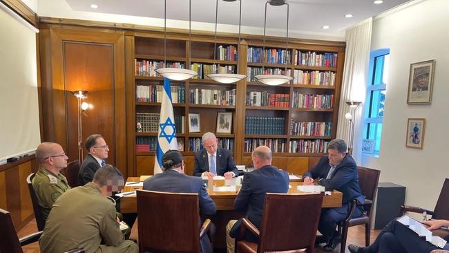 Benjamin Netanyahu and his advisers hold a phone call with US President Joe Biden on Thursday. Picture: Prime Minister's Office