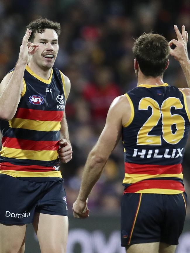 Mitch McGovern celebrates after kicking a goal against North Melbourne last week. Picture Sarah Reed