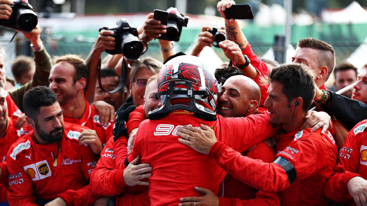 Race winner Charles Leclerc of Monaco and Ferrari celebrates in parc ferme during the F1 Grand Prix of Belgium at Circuit de Spa-Francorchamps on September 01, 2019 in Spa, Belgium. Picture: Mark Thompson/Getty Images