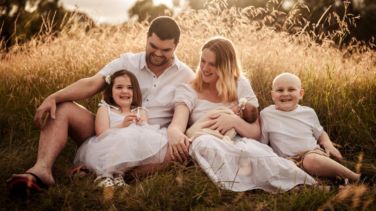 Ashton Epthorp — with dad Justin, sister Savannah and holding mum Dominique holding baby Hayley — was away from home and school for more than nine months. Picture: Supplied