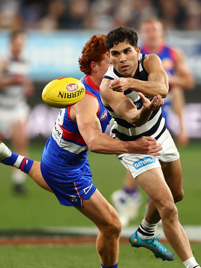 Tyson Stengle fires out a handball. Picture: Graham Denholm/Getty Images