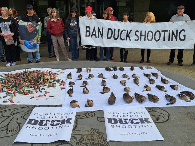 The protesters outside Jacinta Allan’s office on Tuesday.