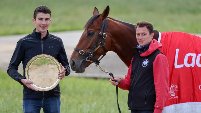 State Of Rest the morning after winning the Cox Plate with foreman Mark Power and handler M J Morgan at Werribee Racecourse. Picture: George Sal – Racing Photos via Getty Images