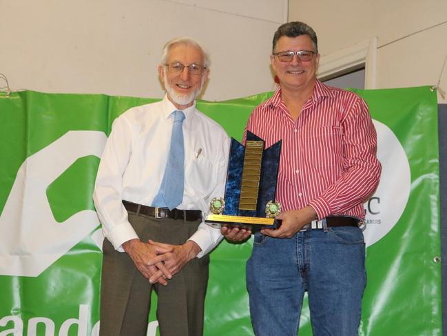 LANDCARE CATRGORY Nicki Laws Perpetual Trophy winner Dr. John Standley from CCMA and Dr. Glen Laws. Focus on Farms competition 2019.