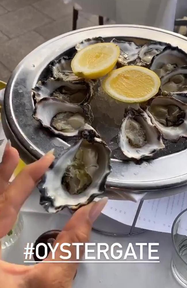 Ruby Tuesday Matthews ordered oysters in Sydney on Friday evening and captioned an Instagram story with 'oystergate'. Picture: Instagram.